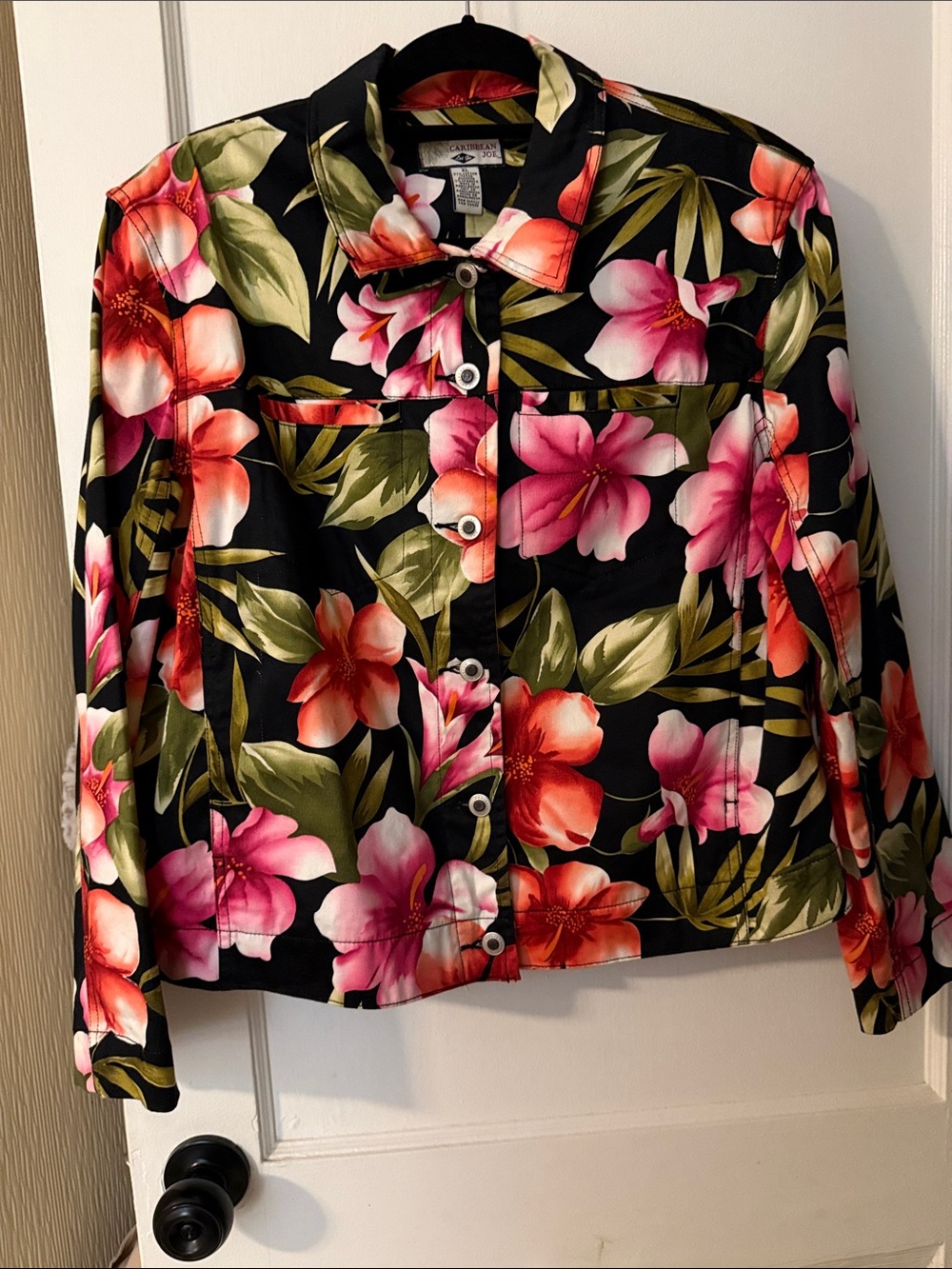 Caribbean Joe Black Floral Jean Jacket with Pink & Green Print